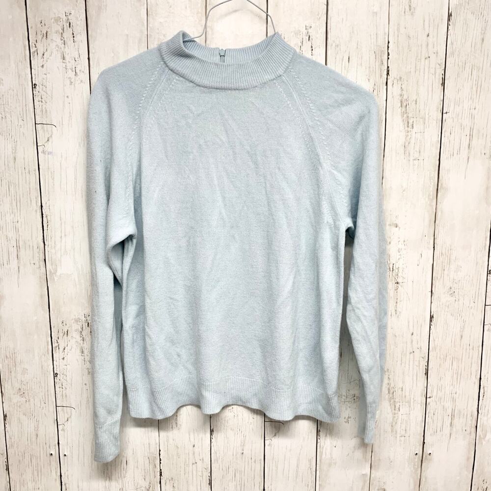 Debbie Morgan Sweater Women Size Large Mock Ribbed Neck Zip Back Light Blue